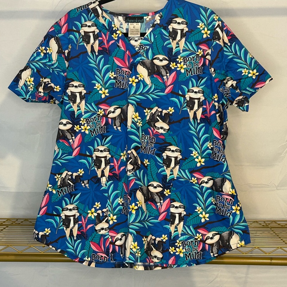 Cherokee Blue Buttoned Short Sleeve Scrub Top